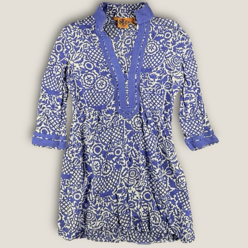 Tory Burch Purple White Cotton Floral Bird Print Tunic Top Dress‎ Womens Size 6